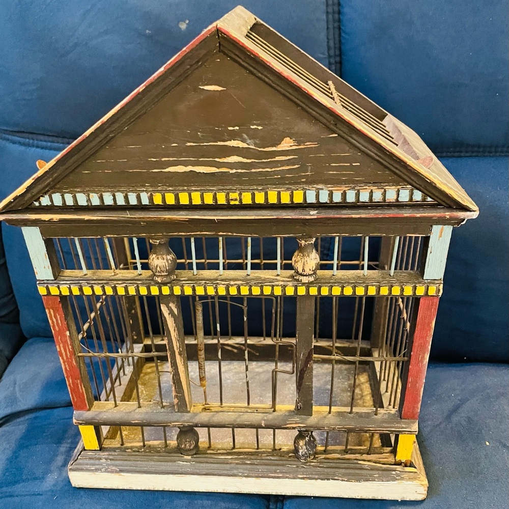 Birdcage-vintage-shabby chic-wood & metal-multicolor-hand painted-sm bird-cactus